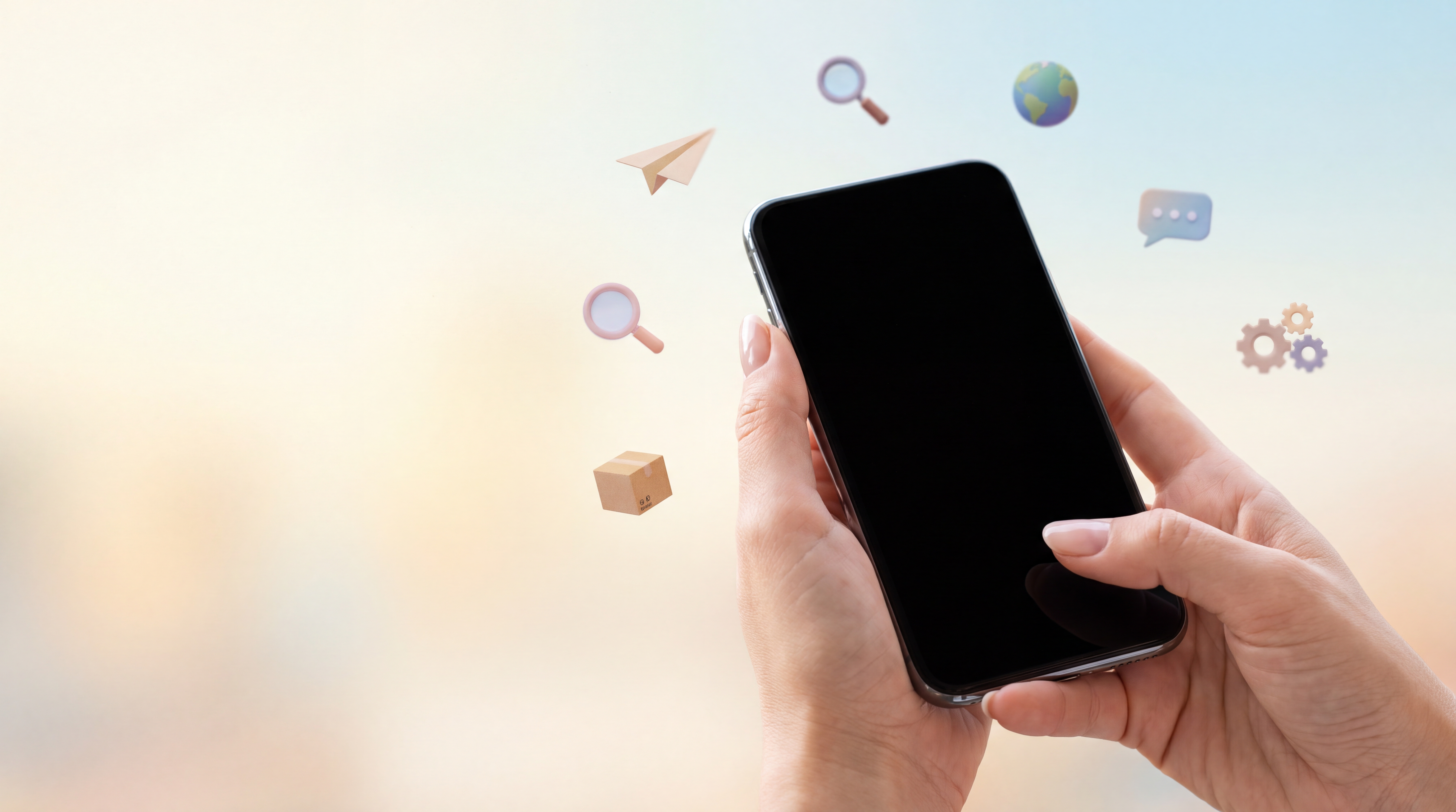 Hands holding a smartphone with floating app icons